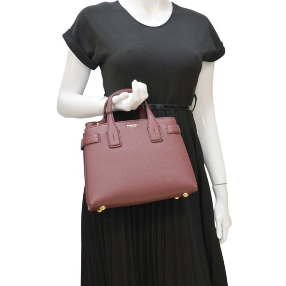 BURBERRY Banner Small House Check Leather Tote Shoulder Bag Maroon - Picture 2 of 14